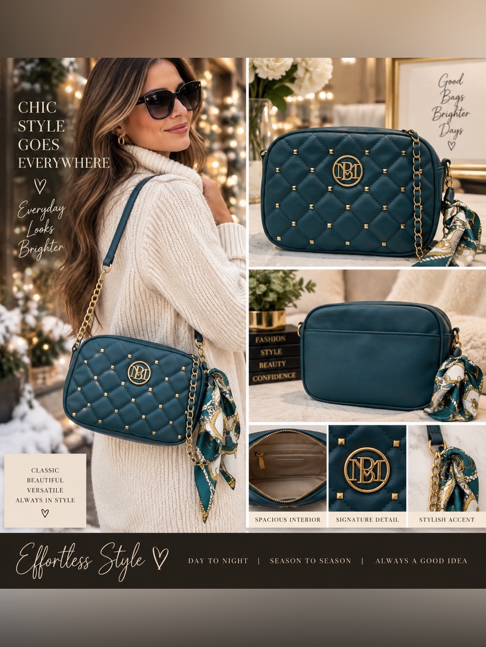 Badgley Mischka Teal Quilted Crossbody Bag with Gold Hardware